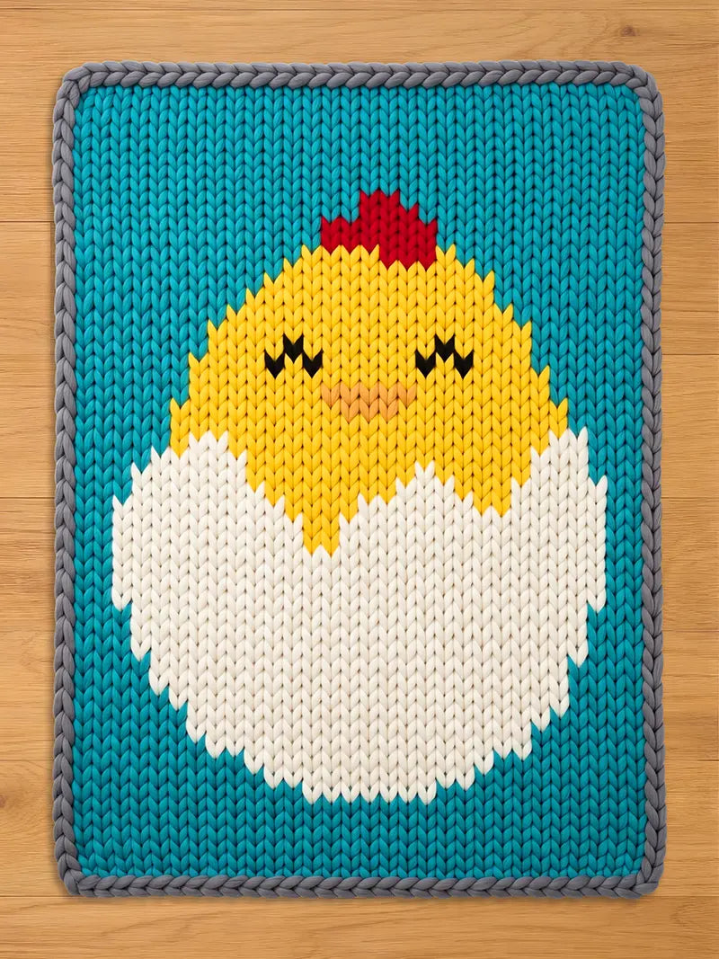 Chunky knit blanket featuring a yellow baby chick hatching from a white eggshell, set against a bright teal background with a grey braided border