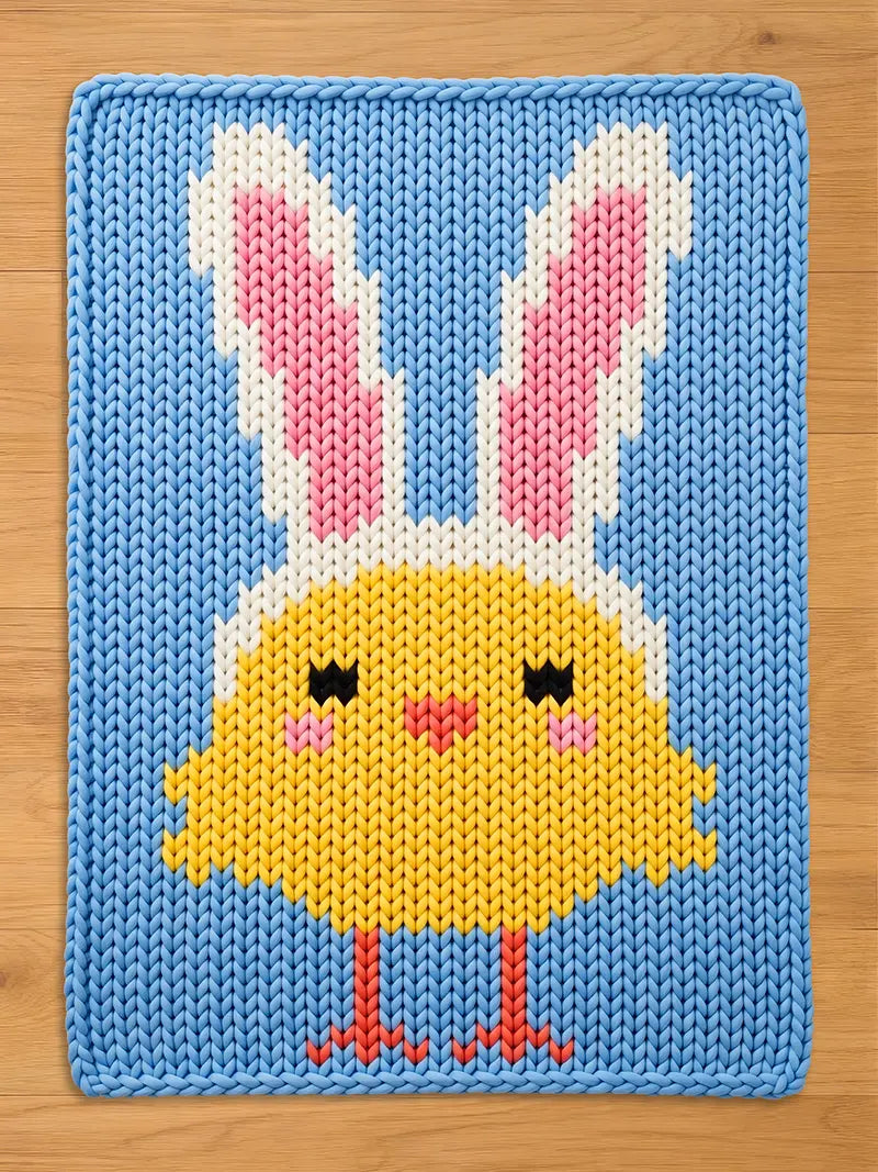 A chunky knit blanket featuring a yellow Easter chick wearing white and pink bunny ears, set against a light blue background.