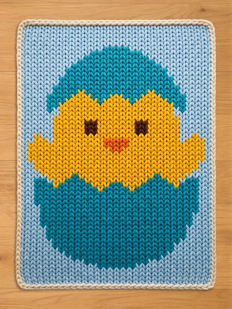 A knitted Easter-themed chunky blanket featuring a yellow chick hatching from a blue egg. The chick has brown eyes and an orange beak. The blanket has a light blue background with a white border.