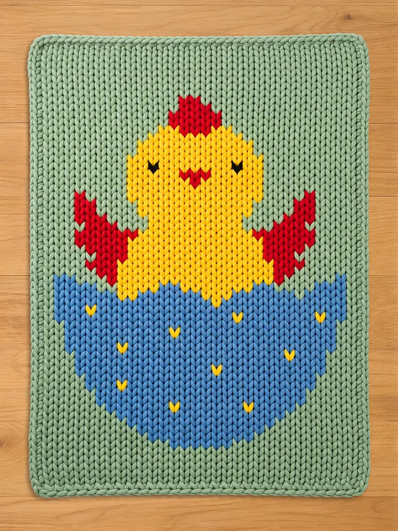  A knitted chunky blanket featuring a yellow chick hatching from a blue egg. The chick has red accents and black eyes. The egg is decorated with yellow details, all set against a green background.