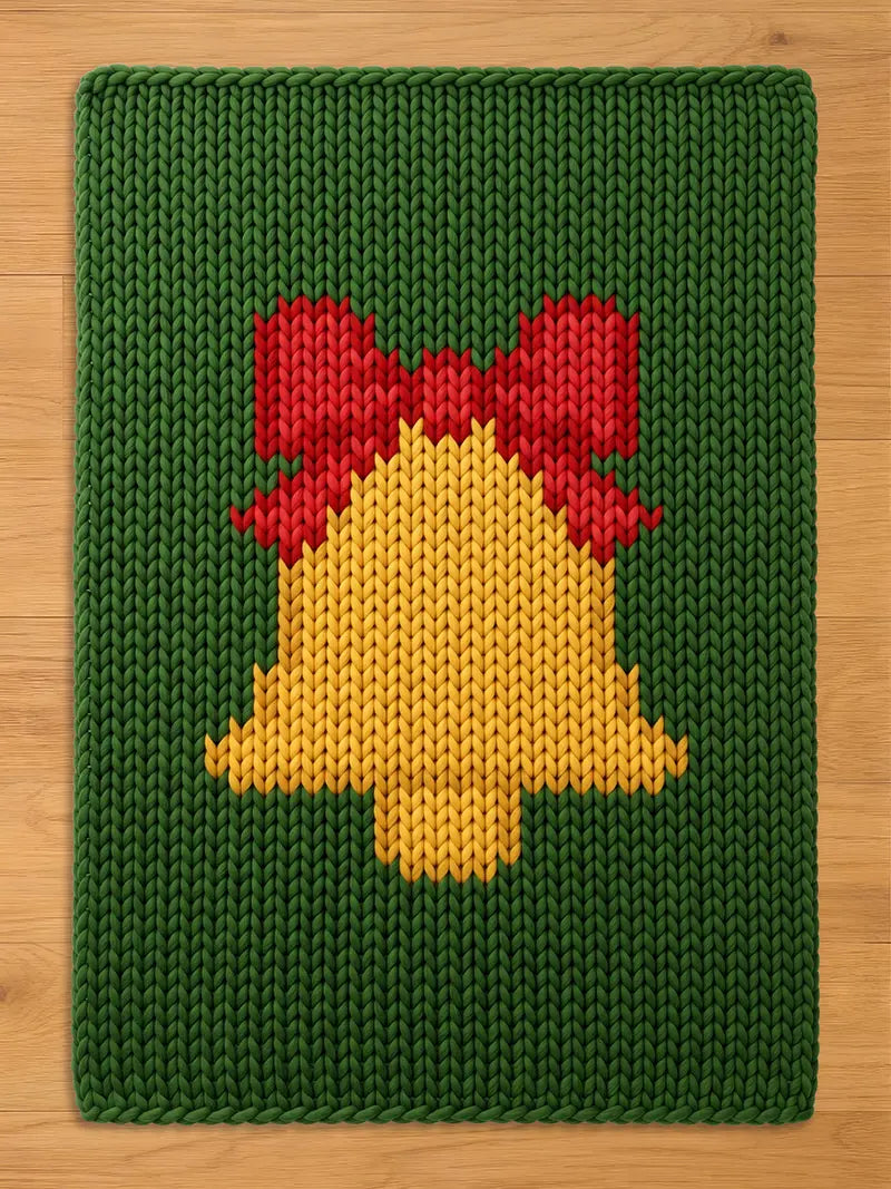 A rectangular green knitted blanket featuring a central yellow bell design topped with a red bow. The knit pattern is consistent throughout, with the bell and bow motifs integrated directly into the green background texture.