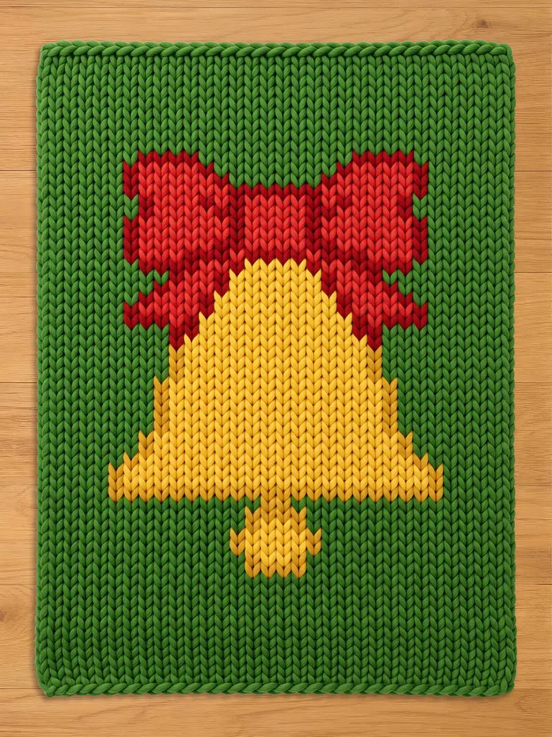 Chunky knit Christmas blanket in green featuring a large yellow holiday bell with a big red bow.