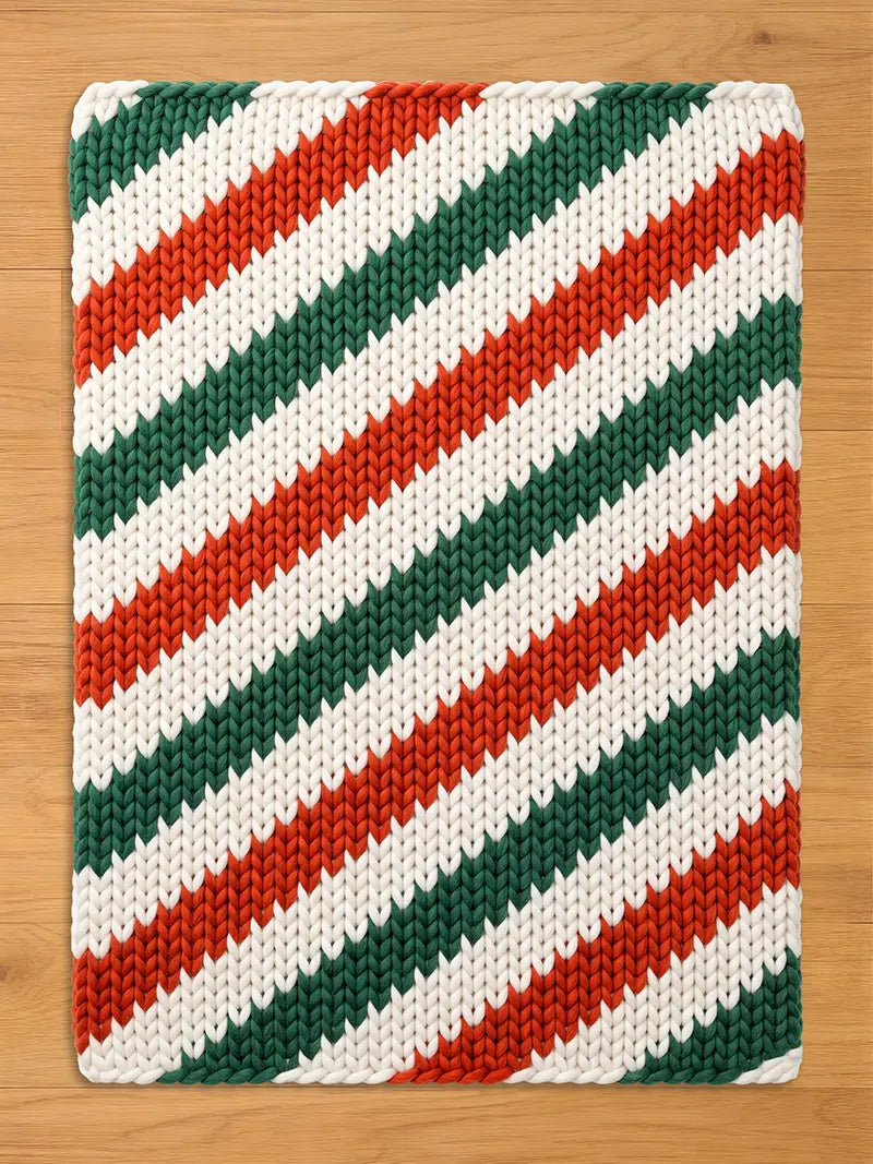 Festive Christmas chunky knit throw blanket with red, green, and white diagonal candy cane style stripes.
