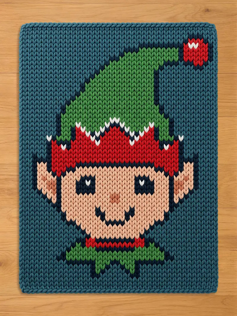Chunky knit Christmas elf blanket featuring a woven pattern of a smiling elf face with a green pointed hat on a dark blue background