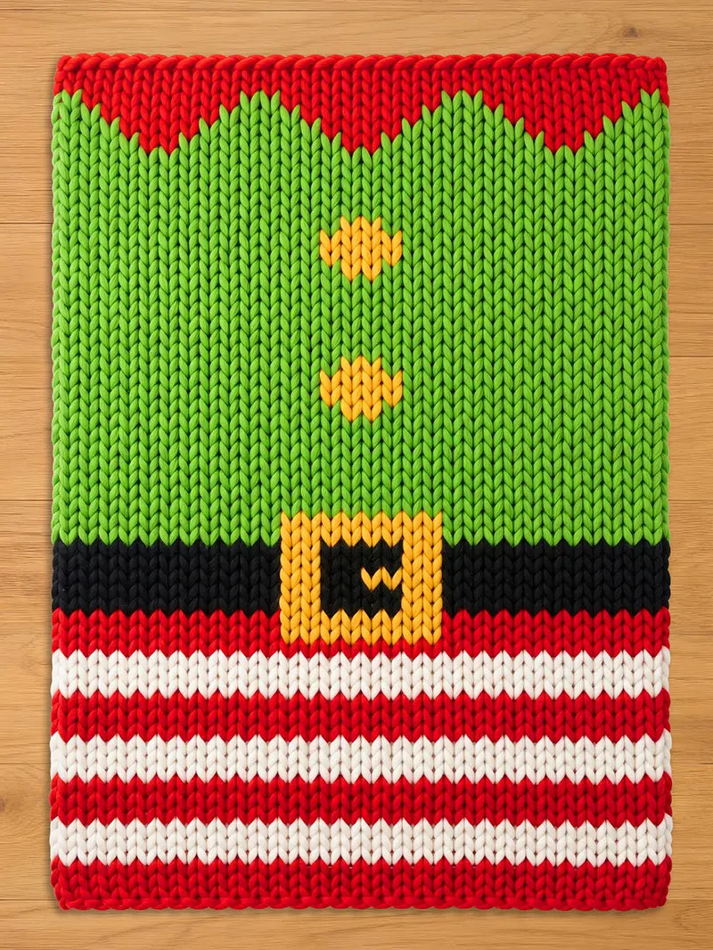 A knitted Christmas-themed rectangle chunky blanket with a green body, red collar, and red and white striped bottom. The design resembles an elf's outfit, complete with a black belt and gold buckle. Two yellow buttons are visible on the green section.