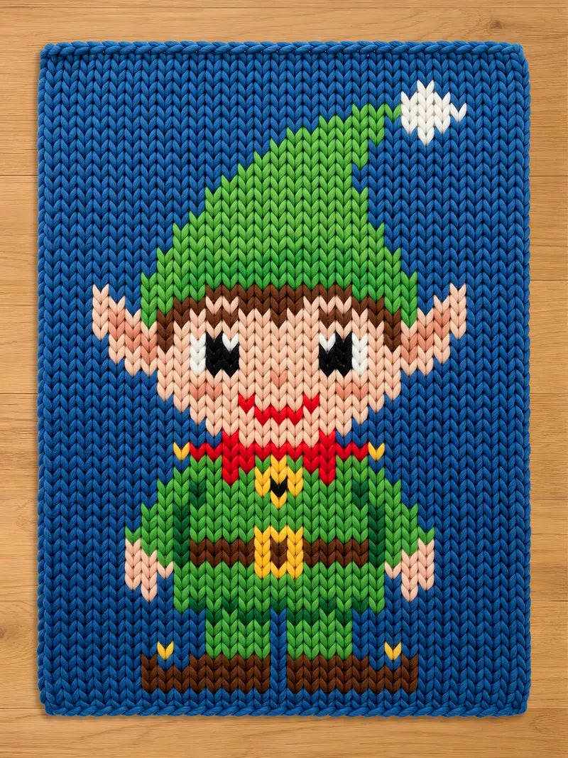 A rectangular knitted blanket featuring a central graphic of an elf character. The elf wears a green hat with a white pom-pom, a green tunic with a brown belt and yellow buckle, and brown shoes against a solid blue background.