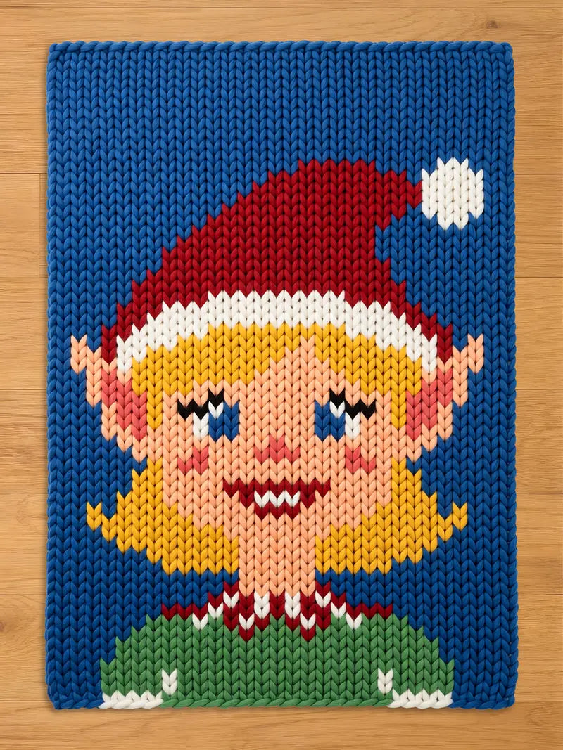 A chunky knit blanket featuring a woven Christmas elf girl design with blonde hair, a red Santa hat, and a green shirt against a solid blue background.