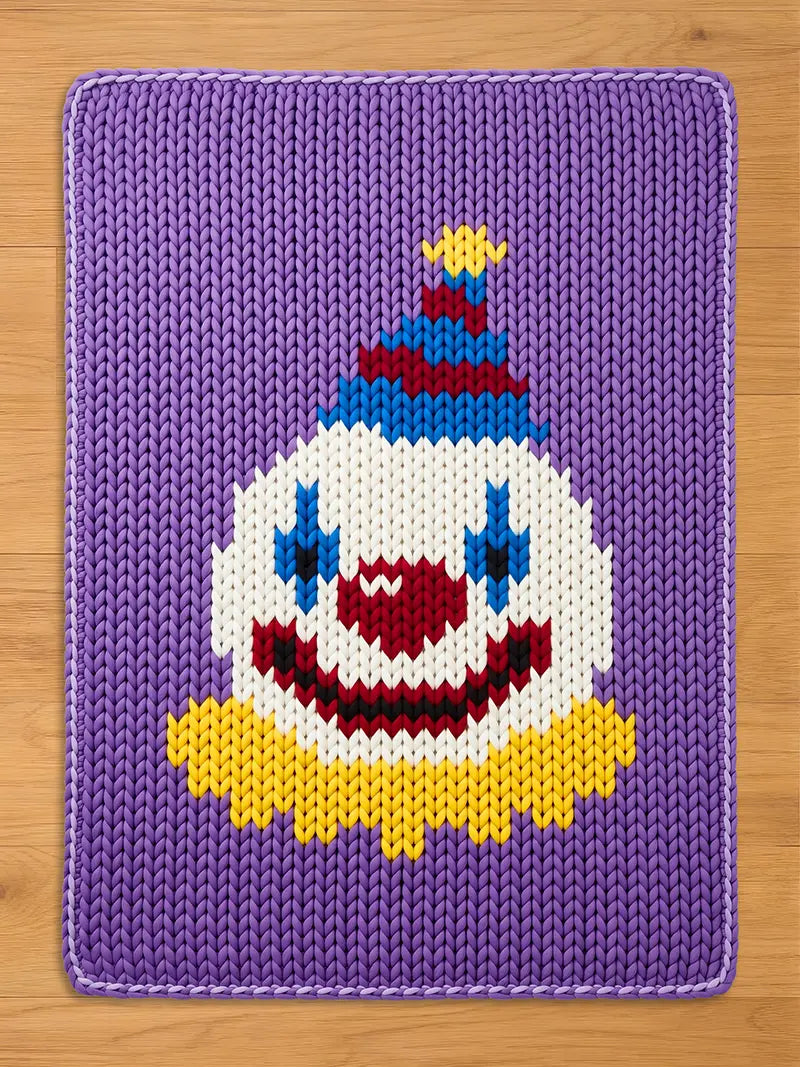 A chunky knit blanket featuring a purple background with a woven clown face pattern. The clown design includes a white face, blue eye makeup, a red nose and smile, a yellow ruffled collar, and a blue and red striped party hat.