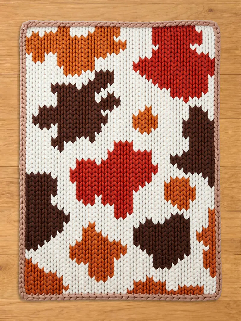 Chunky knit throw blanket featuring a cowhide pattern in burnt orange, rust red, and dark brown on an off-white background with a braided border, laid flat on a wood surface.
