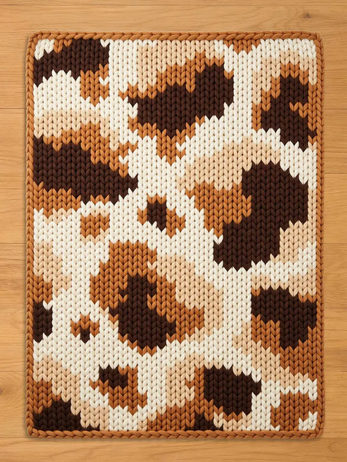 A rectangular, knitted chunky blanket with a brown border. The rug features a pattern of brown, tan, and cream-colored shapes, resembling a cowhide design. The blanket is made of a thick, textured yarn.
