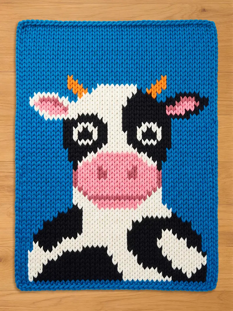 Chunky knit blanket featuring a cartoon cow design against a bright blue background. The blanket shows a black and white spotted cow with a pink snout and inner ears, small orange horns, and large stylized eyes, knit from thick, textured yarn.