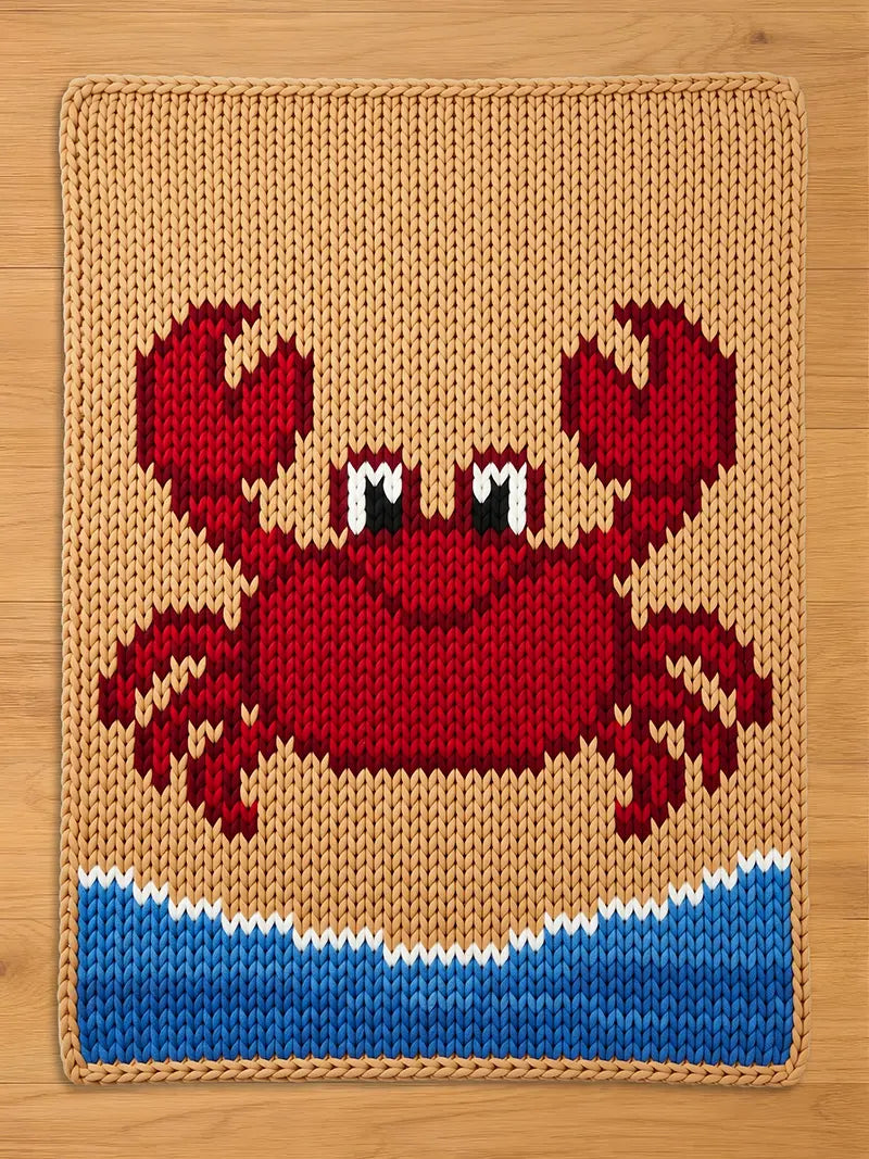 Chunky knit blanket featuring a large red crab design on a sandy beige background with blue and white ocean waves at the bottom, laid flat on a wooden floor