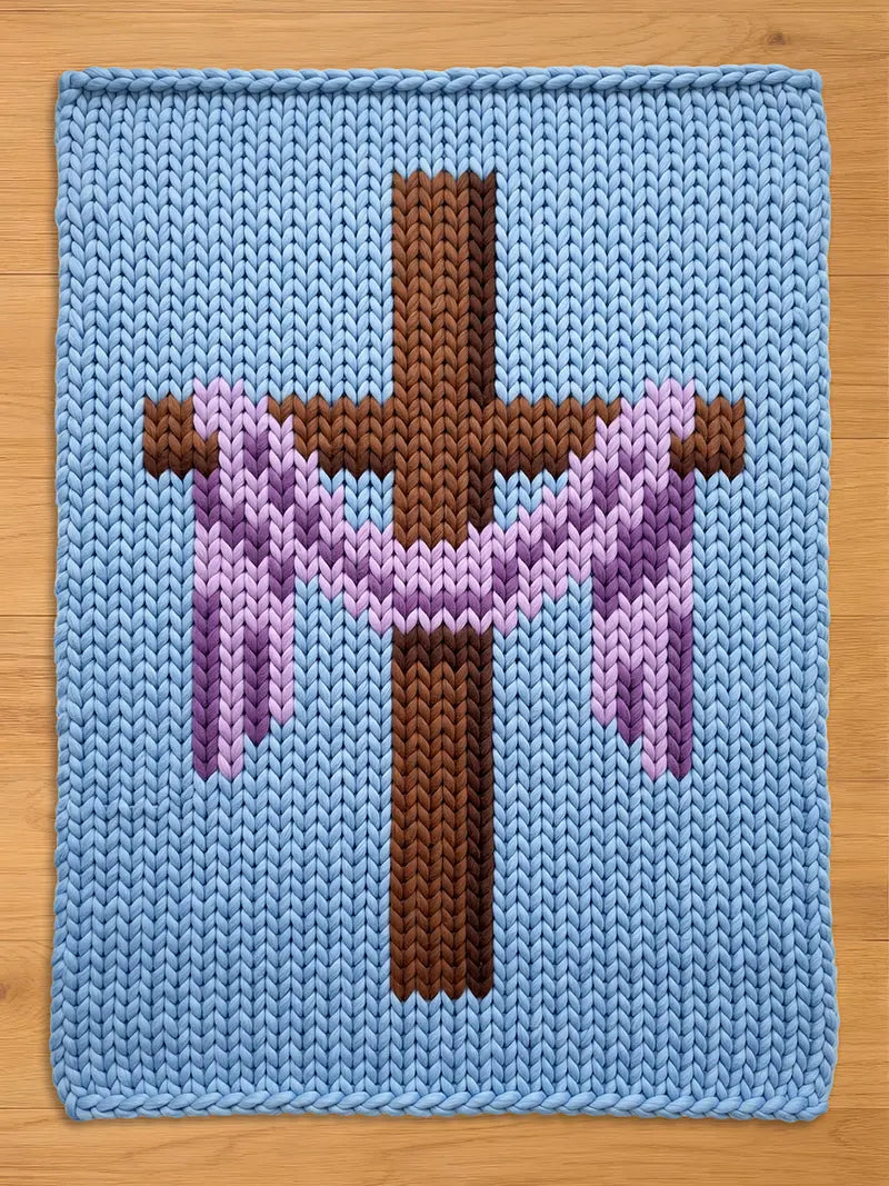 A knitted blue chunky blanket with a brown cross at the center, adorned with a purple and pink garland. The cross is a darker shade of brown, and the garland adds a decorative touch to the religious-themed design.