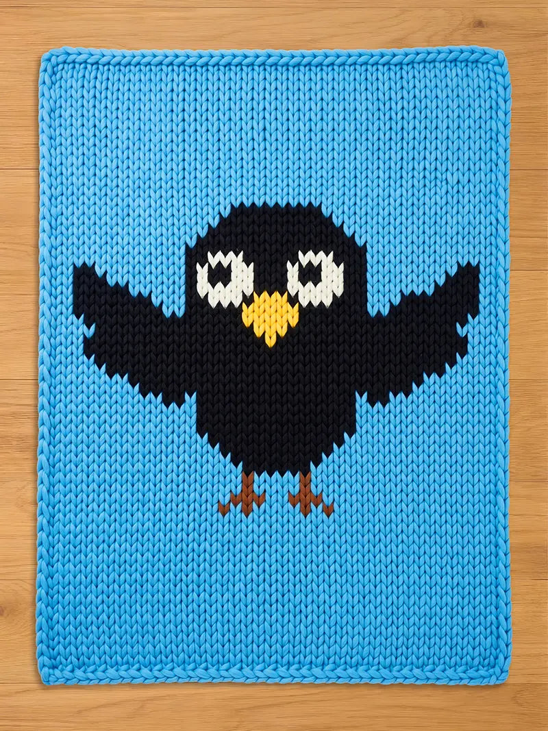 A light blue chunky knit blanket featuring a cartoon black crow or bird design in the center. The crow has big white eyes, a yellow beak, and brown feet, knitted with thick, textured yarn. Placed flat on a light wood floor.