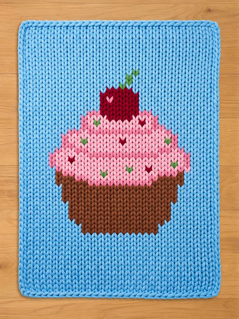 Light blue chunky knit blanket featuring a woven design of a cupcake with pink frosting, brown liner, sprinkles, and a red cherry on top, displayed on a wooden floor.