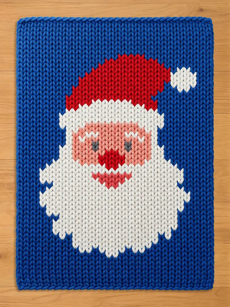 A chunky knit blanket in royal blue featuring a woven, cheerful Santa Claus face with a red hat and white beard, displayed flat on a wooden surface.