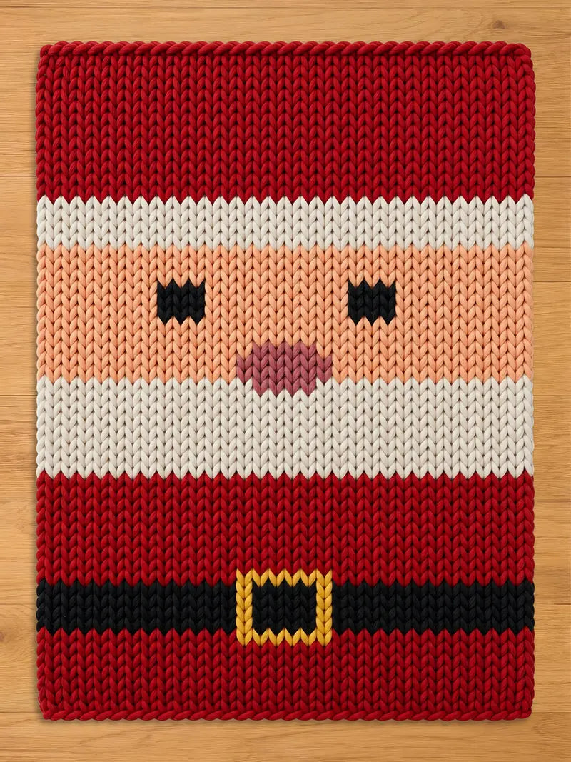 A top-down view of a thick, chunky knit blanket featuring a stylized Santa Claus face and suit design lying on a light wood floor. The blanket has a red top and bottom, a white trim and beard section, a peach-colored face with black knit eyes and pink lips, and a black belt with a yellow buckle at the bottom.