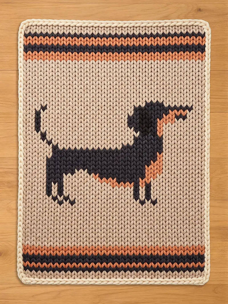 A knitted rectangular chunky blanket featuring a dachshund dog design. The dog is black and peach, set against a beige background. The blanket has a cream border and stripes in black and orange.