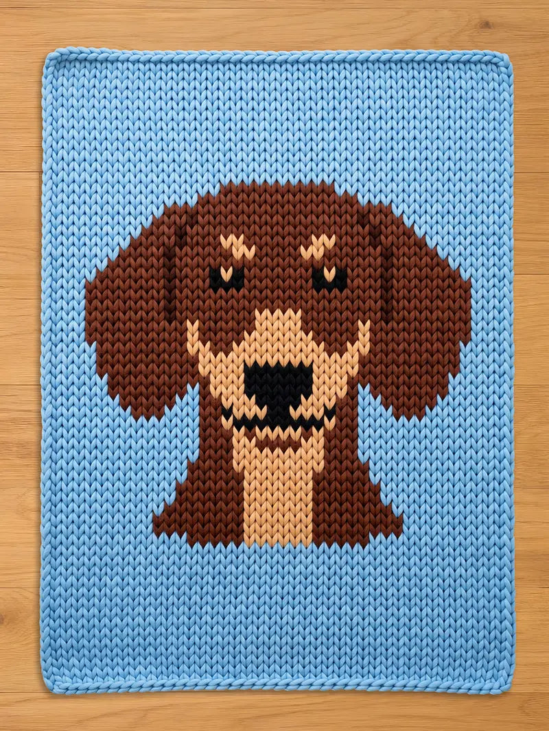 A knitted chunky blanket featuring a brown and tan dog face against a light blue background. The dog has a black nose and eyes, with a tan muzzle and chest. The border is a solid light blue.