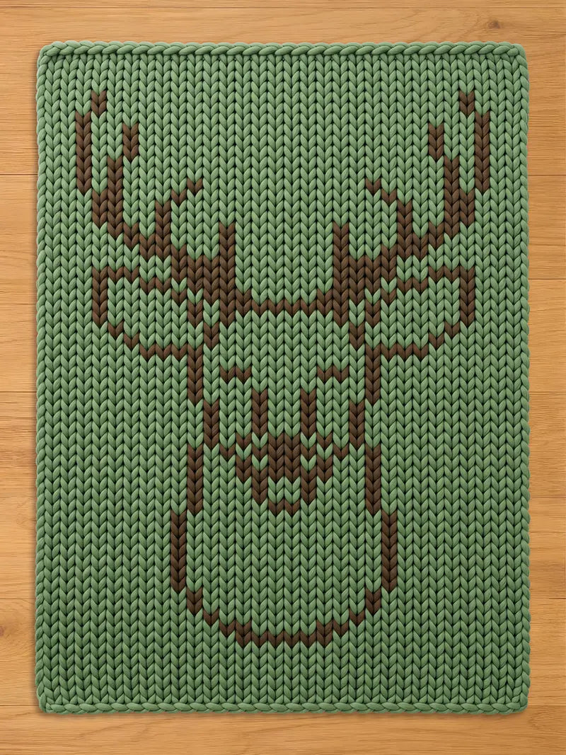 A rectangular knit blanket featuring a large, centered deer head graphic. The design is created with dark brown yarn stitches against a solid sage green background, showcasing a clear, geometric outline of antlers and a snout.