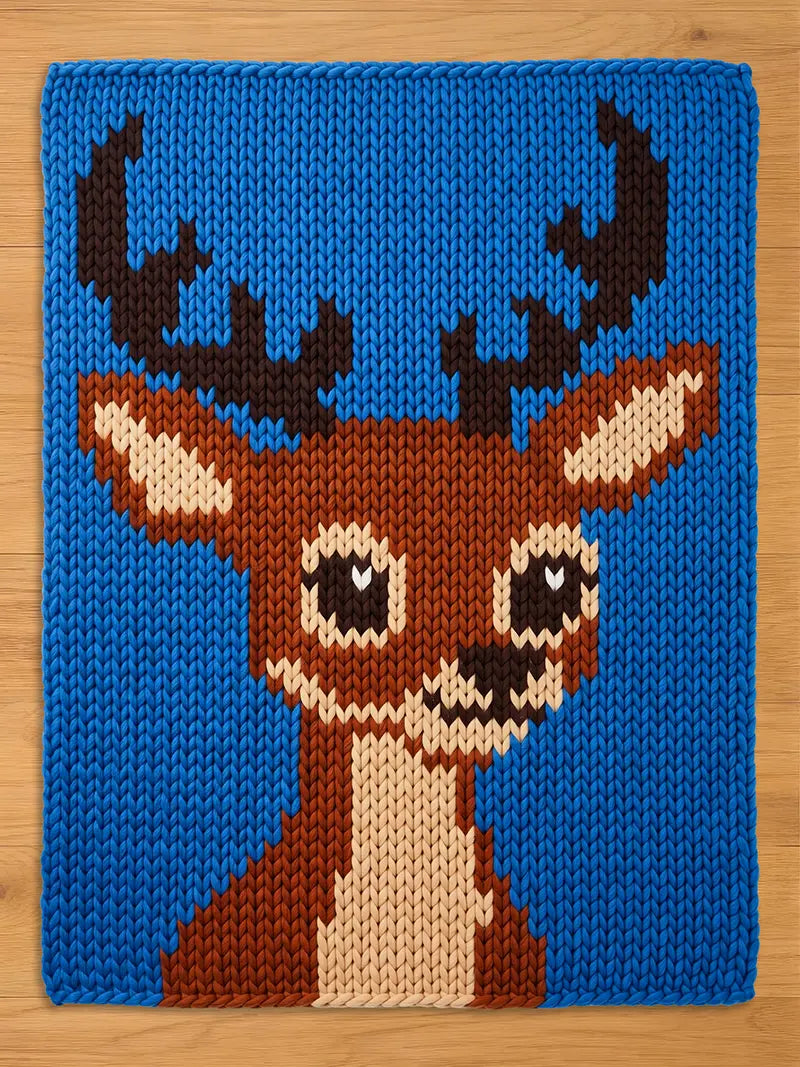 A knitted  chunky blanket featuring a cartoon deer with brown antlers, a brown body, and a white chest. The deer has large black eyes and a black nose. The background is a solid blue color.