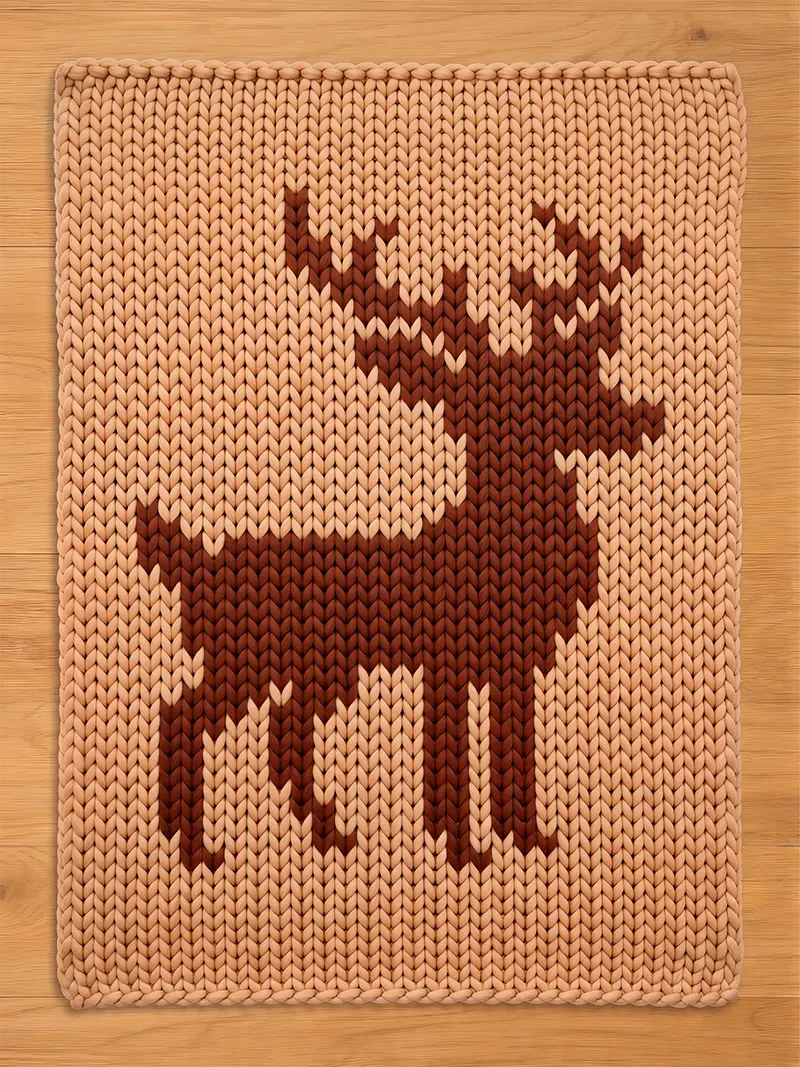 Chunky knit blanket in beige featuring a large brown stag deer silhouette pattern, displayed flat on a wooden surface.