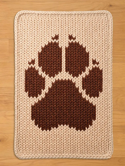 A rectangular, knitted chunky blanket featuring a large brown paw print design on a cream-colored background. The paw print is centrally located, with a detailed, textured appearance. The blanket has a cream-colored border.