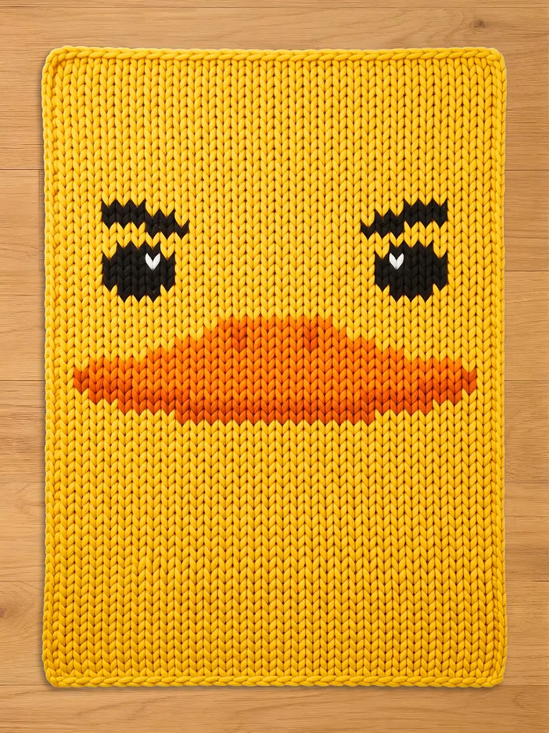 Yellow chunky knit blanket featuring a woven duck face pattern with black eyes and a wide orange beak, displayed flat on a wooden floor.