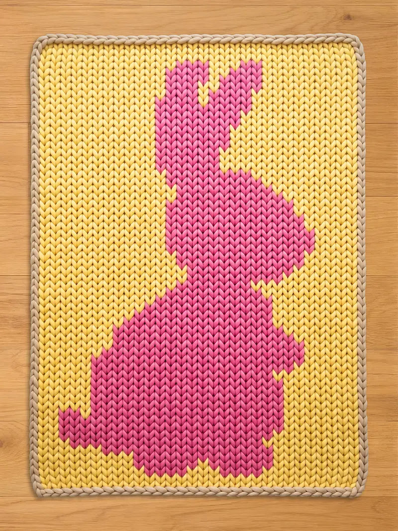 A knitted rectangular chunky blanket featuring a pink bunny silhouette on a yellow background. The blanket has a beige border and is made of a soft, textured material. The design is simple and graphic, suitable for a child's room.