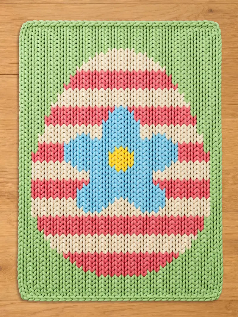 Chunky knit blanket featuring a large Easter egg design with pink and white stripes and a blue flower center on a pastel green background.