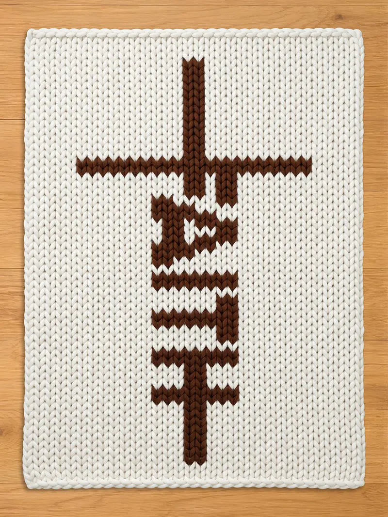 White chunky knit blanket featuring the word "FAITH" knitted vertically in brown to form a cross design, displayed on a wooden floor.