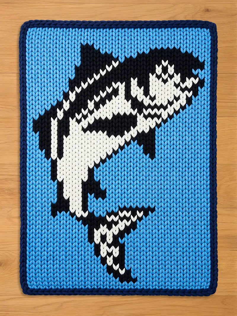 A knitted blue blanket with a navy blue border. The blanket features a black and white orca whale design in the center. The whale is jumping out of the water. The blanket is made of a soft, textured material.