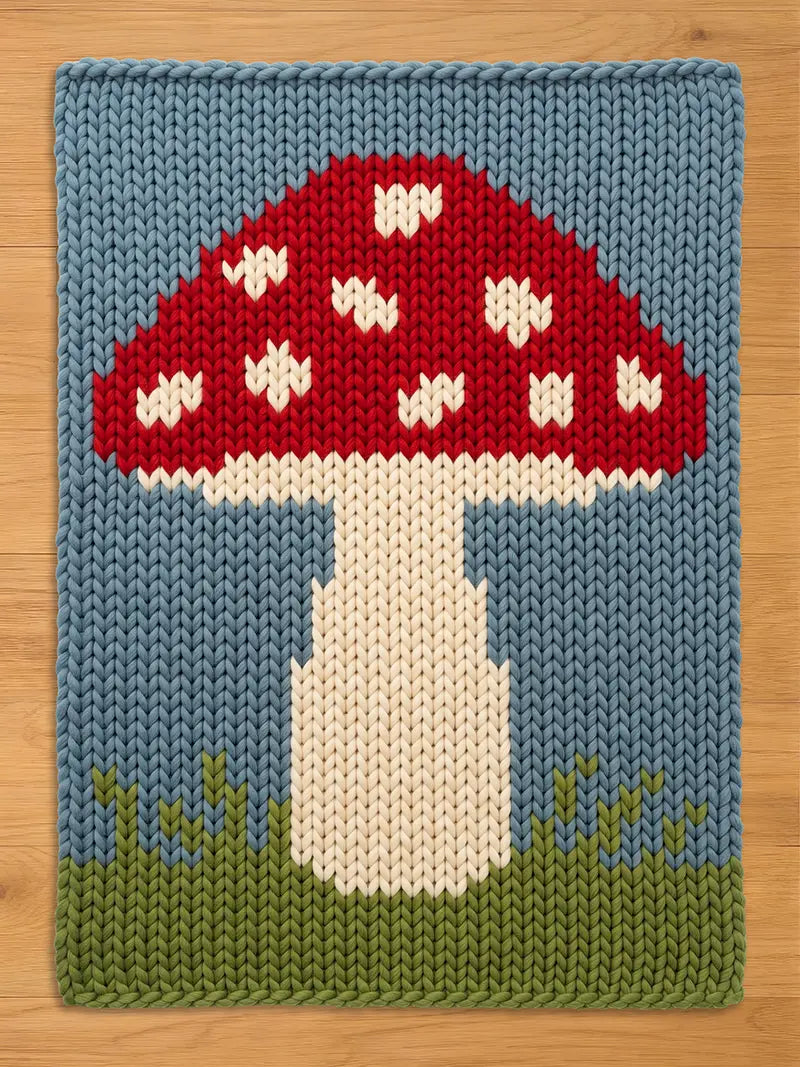 A rectangular knitted chanky blanket featuring a large red mushroom with white spots on its cap. The mushroom has a thick white stem and is positioned against a light blue background with green grass at the bottom edge of the piece.