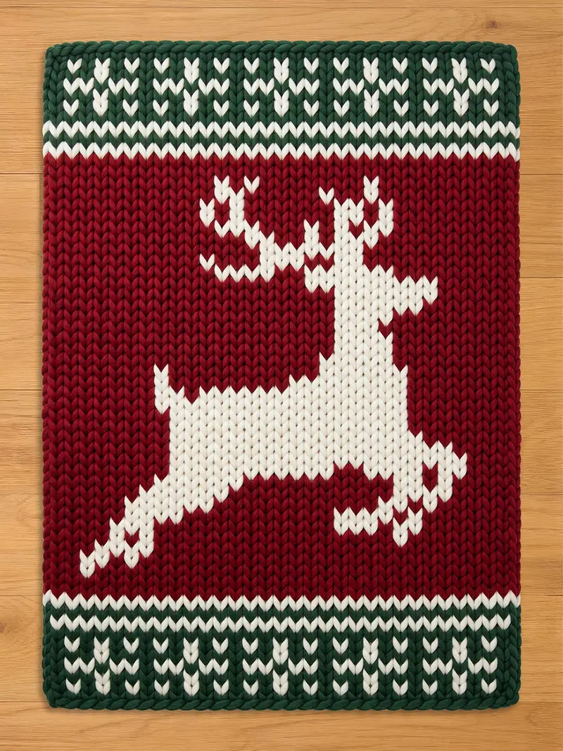 A chunky knit blanket featuring a large white silhouette of a leaping reindeer against a deep red background. The top and bottom borders have a green and white knit chevron pattern, displayed flat on a light wood floor.