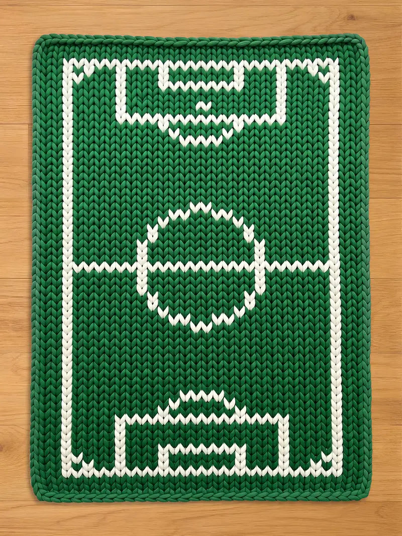 A green and white knitted chunky blanket featuring a soccer field design. The rug has a rectangular shape with a green background and white lines marking the field's boundaries, including the goal areas and center circle. The knitted texture adds a cozy, handmade feel.
