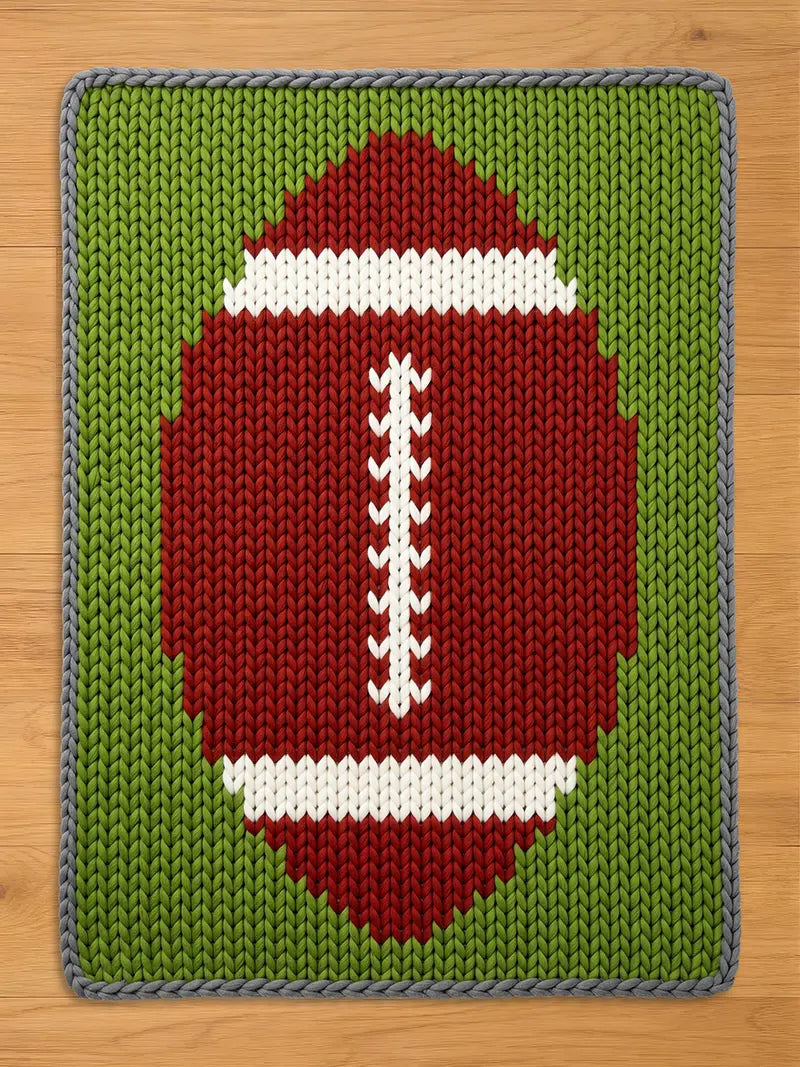 A knitted chunky blanket featuring a football design. The football is red with white stripes and stitching, set against a green background. The blanket has a gray border and is made of a textured yarn.