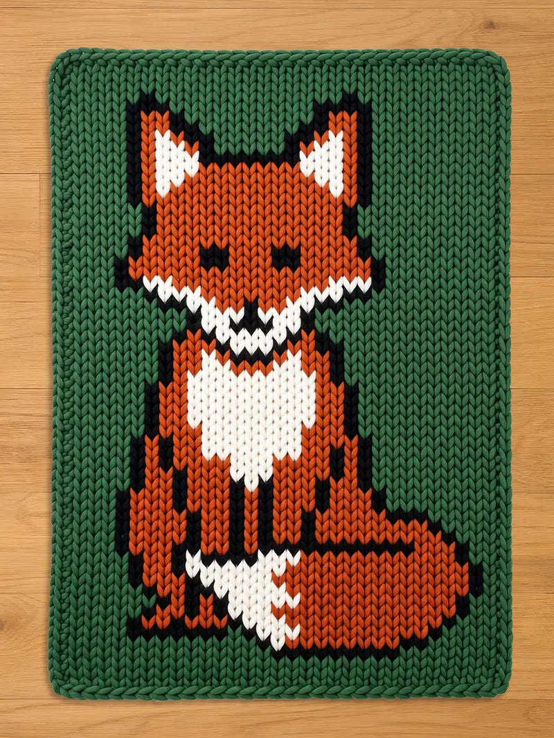May include: A knitted chunky blanket featuring a fox design. The fox is primarily orange, with white and black accents, set against a green background. The blanket has a thick, textured appearance.