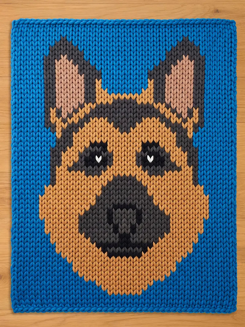 A knitted chunky blanket featuring a German Shepherd dog's face. The dog's face is rendered in shades of brown, gray, and black against a bright blue background. The knitted texture is clearly visible, creating a cozy, handmade aesthetic.