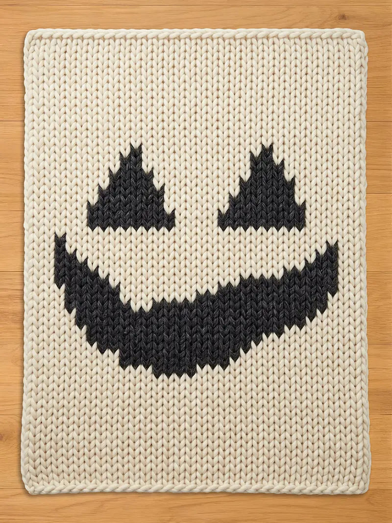A chunky knit blanket in cream white featuring a large, black knitted Halloween ghost or jack-o'-lantern face with triangular eyes and a jagged smile, laid flat on a light wood surface.