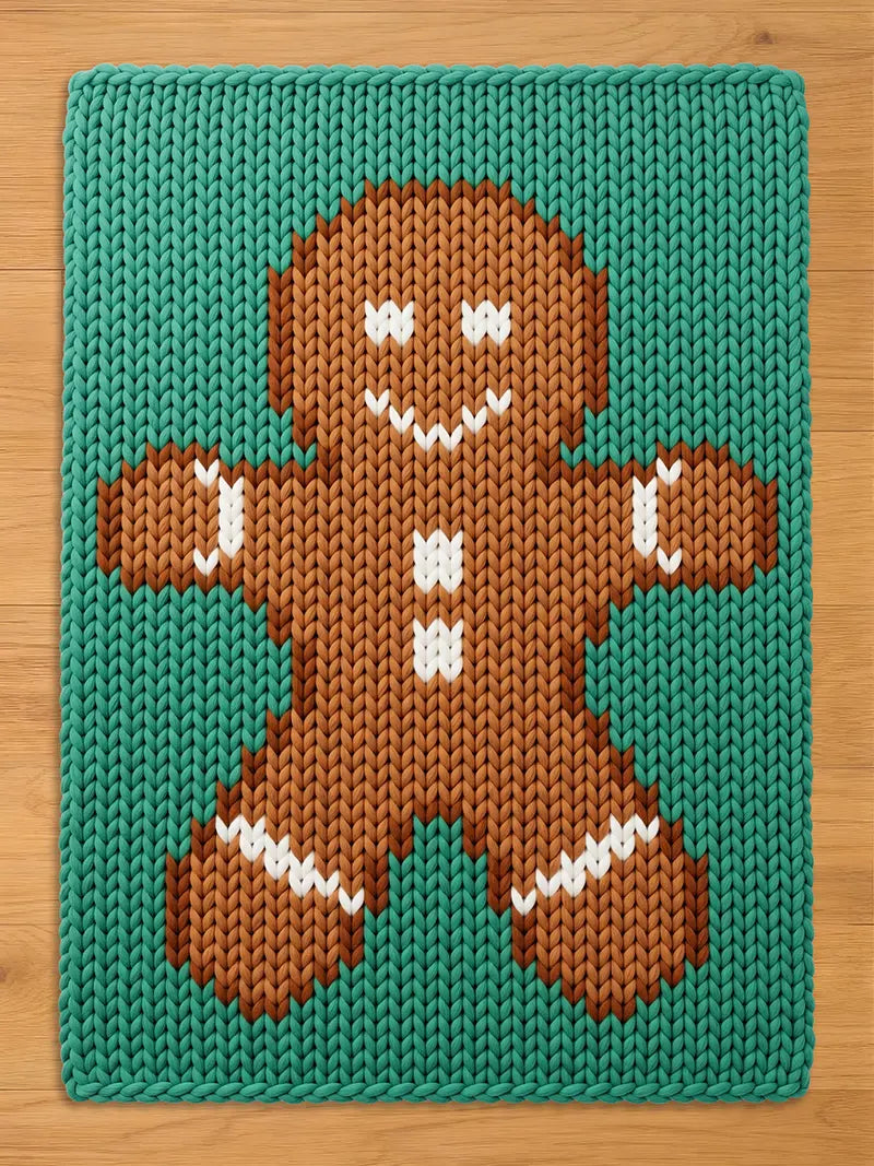 A rectangular knit blanket featuring a brown gingerbread person centered on a teal background. The gingerbread figure has white stitched details for the eyes, mouth, buttons, and cuffs on the arms and legs, created with a chunky yarn texture.