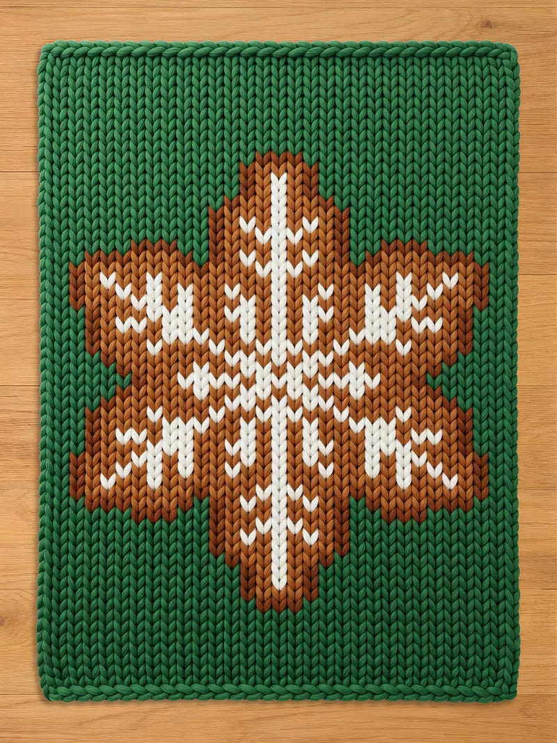 A green chunky knitted rectangular blanket with a large brown and white snowflake design in the center, laid flat on a light wood surface.