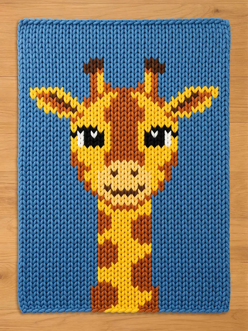 A knitted blue chunky knit blanket featuring a giraffe design. The giraffe has a yellow and brown pattern with black eyes and a smiling mouth. The blanket is made of a thick, textured yarn.