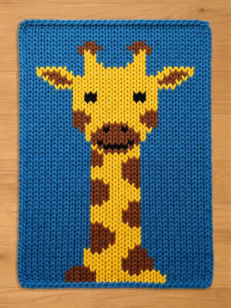 A knitted blue chunky blanket with a yellow and brown giraffe design. The giraffe has brown spots, a yellow face, and black eyes. The background is a solid blue color. 