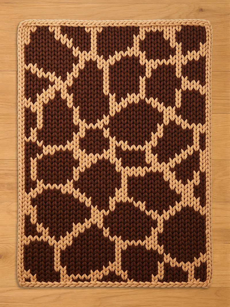 Chunky knit blanket featuring a brown and cream giraffe print pattern.