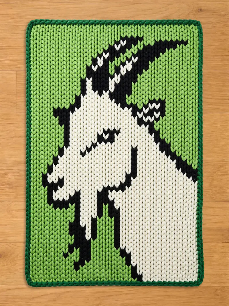 A knitted rectangular chunky blanket featuring a goat's head in black and white against a green background. The blanket has a green border. The goat's head is a pixelated design, giving it a modern, graphic look.