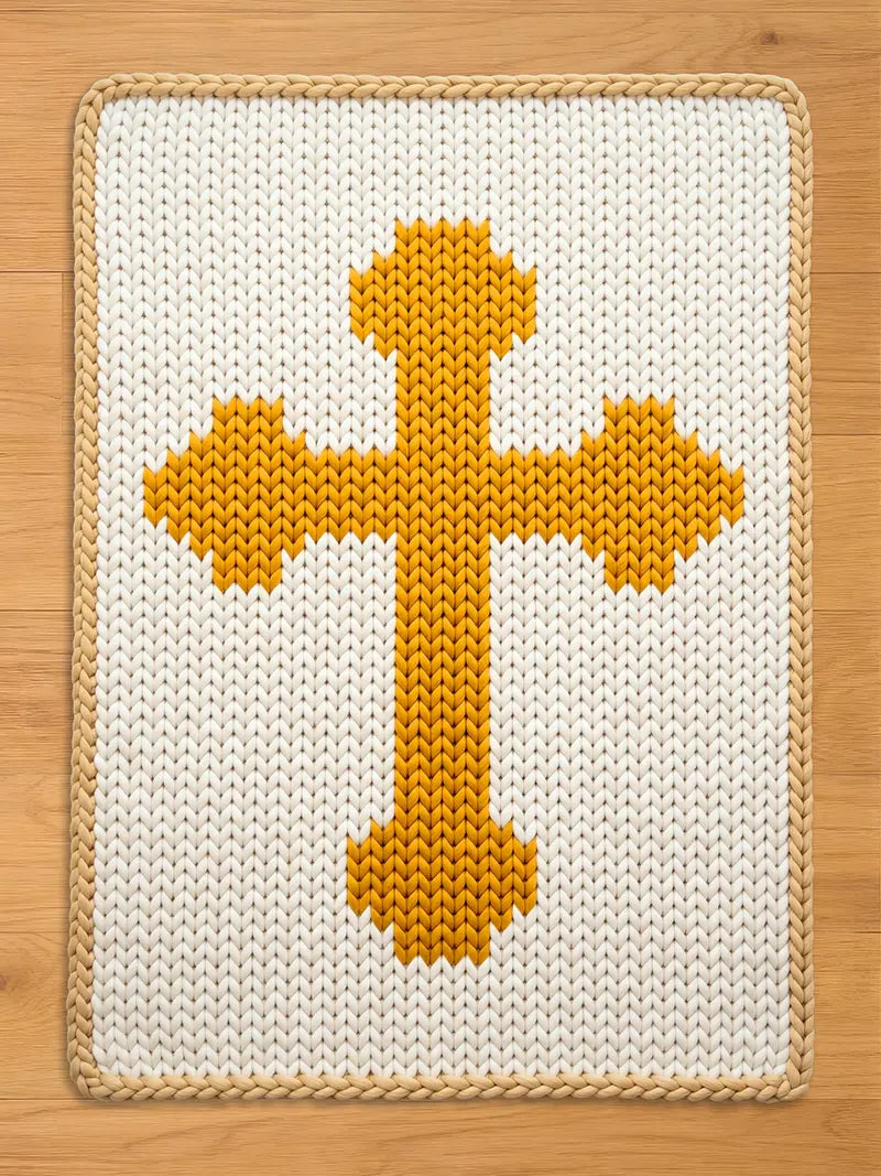 Chunky knit blanket in white featuring a large gold Orthodox cross pattern in the center with a braided beige border, displayed on a wooden floor.