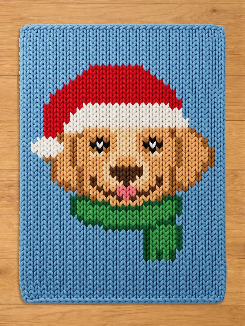 Light blue chunky knit blanket featuring a woven design of a Golden Retriever wearing a red Santa hat and green scarf