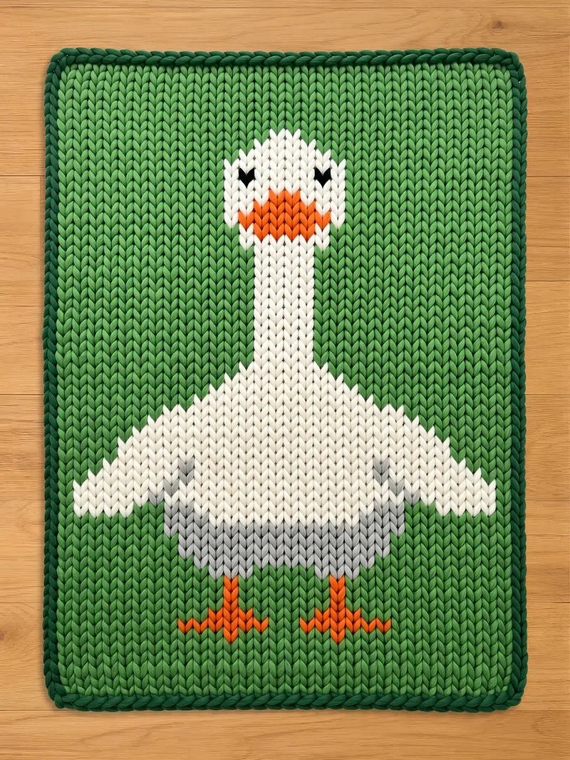 Chunky knit blanket featuring a large white goose pattern on a vibrant green background. The goose has an orange beak, orange webbed feet, and a gray lower body. The blanket showcases a thick, textured yarn knit stitch with a dark green braided border, displayed on a wooden floor.