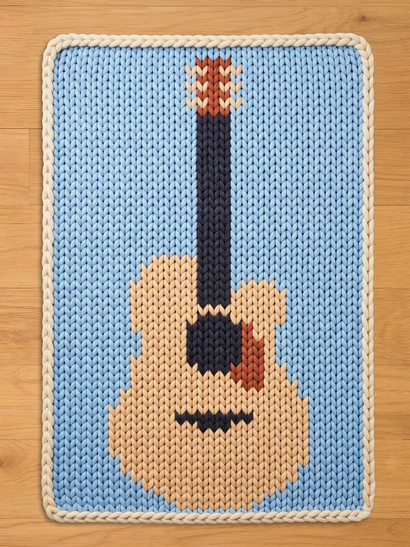 A rectangular hand-knitted blanket featuring a stylized acoustic guitar design on a light blue background, finished with a thick cream-colored braided border, shown flat on a light wood floor.