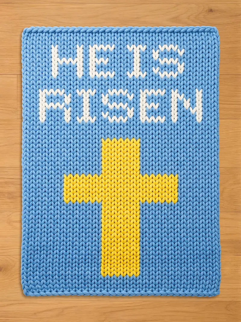 A blue knitted chunky blanket with the words "HE IS RISEN" in white and a yellow cross. The knitted texture is visible, creating a handmade appearance. The design is simple and bold.
